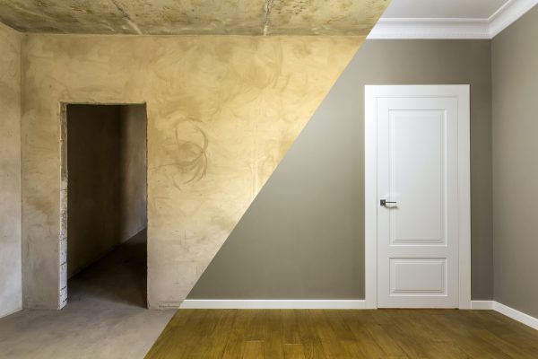 Comparison of a room in an apartment before and after renovation works. New house interior with Comparison of a room in an apartment before and after renovation works. New house interior with